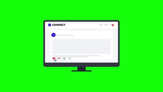 Computer Monitor Displaying Social Media Interface with Cursor Clicking Like Button on Green Screen.
