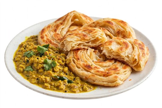 Flaky Malaysian roti canai with dhal curry on white plate
