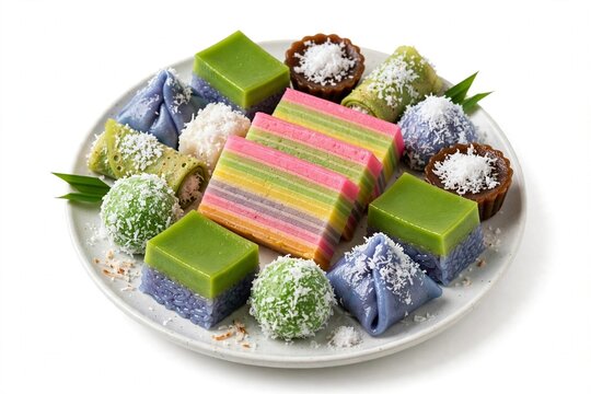 Colorful Malaysian nyonya kuih lapis, seri muka, onde onde dessert 