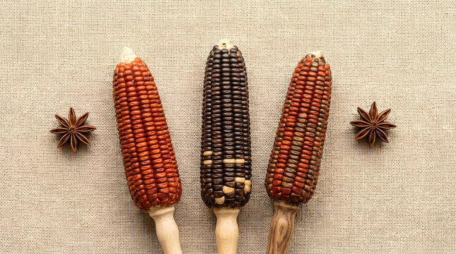 Top-down flat lay of three decorative colorful corn cobs accompanied by star anise on a textured linen background, Thanksgiving harvest theme[cite: 14]