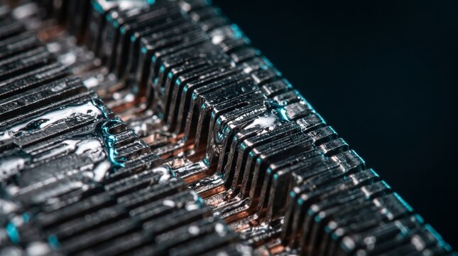 Extreme macro close up of metallic thermoelectric generator cooling fins with copper elements