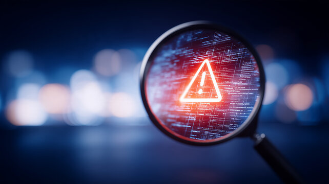 A magnifying glass focused on a warning symbol and digital code represents cybersecurity threat detection and system risk analysis.
