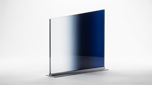 Minimalist electrochromic smart glass panel transitioning from clear transparent to opaque dark blue