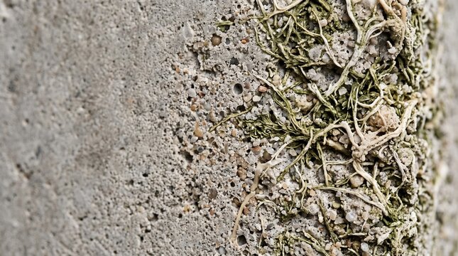 Macro close-up of self-healing bio-concrete textured with natural fungal mycelium roots