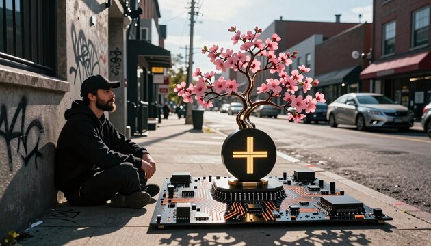 Urban Street Scene with Futuristic Cherry Blossom Sculpture and Man Sitting