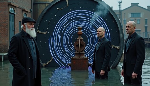 Three men in dark suits standing in water before futuristic circular device