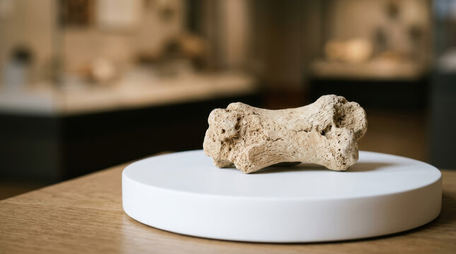 Osteoporosis research examines fragile bone specimen on laboratory display stand