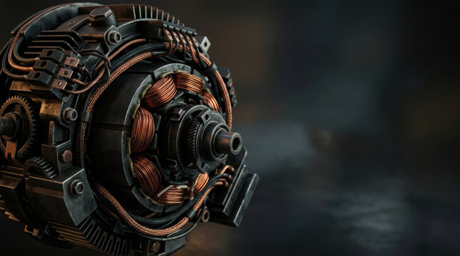 Rotary electric drivetrain research concept featuring copper coil and industrial machinery detail in dark atmospheric setting