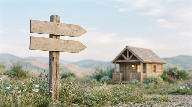 Rustic signpost and cabin suggest affordable housing challenge amid peaceful mountain landscape and wildflower meadow