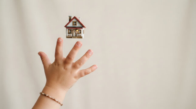 Small house model above reaching hand symbolizes affordable housing challenge and hopeful access to shelter
