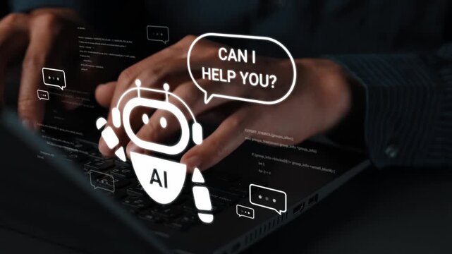 Hands typing on laptop keyboard with AI assistant illustration and chat bubbles displaying text "Can I help you?" representing technology and customer support Gluon.