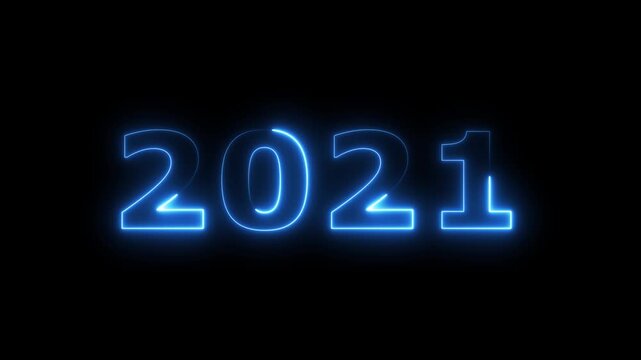 top ten countdown neon light bright glowing numbers from 10 to 1 seconds and HAPPY NEW YEAR 2021.  blue Neon Countdown on dark background. Running dynamic light Numbers animated for intros
