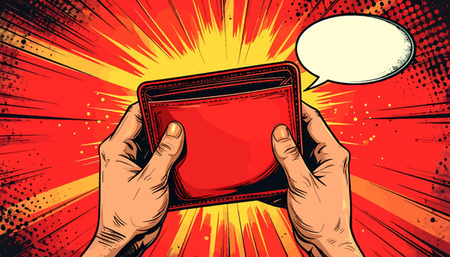 Vintage comic book style pop art vector illustration of a pair of hands holding open an empty red wallet against a dramatic yellow sunburst background with a blank speech bubble for copy space.