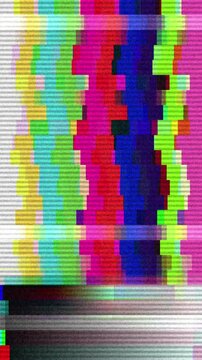 Abstract visual noise and color bars, a television signal disruption with vibrant, distorted vertical stripes and static, symbolizing analog broadcast interference and retro screen glitches