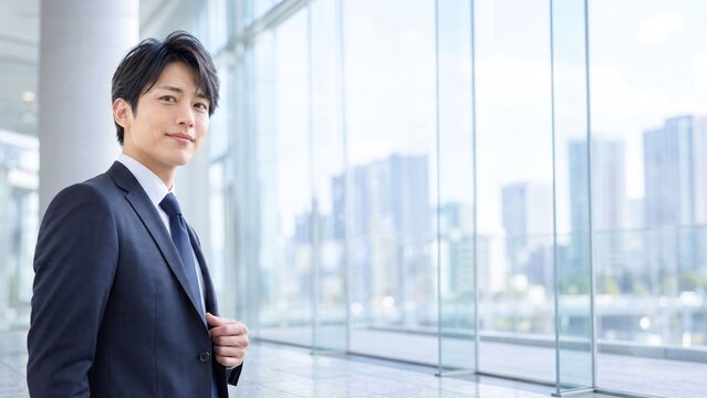 明るい高層オフィスの窓際に立つ日本人男性ビジネスパーソンの爽やかなポートレート
