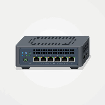 Network router hardware featuring multiple ethernet ports, status lights, and ventilation grilles for high speed internet connectivity.