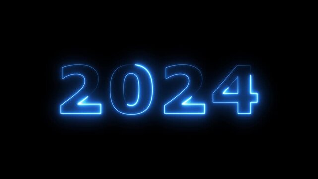 top ten countdown neon light bright glowing numbers from 10 to 1 seconds and HAPPY NEW YEAR 2024.  blue Neon Countdown on dark background. Running dynamic light Numbers animated for intros
