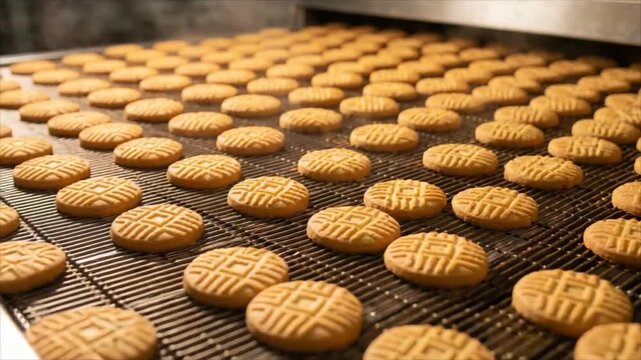 Rows of patterned cookies travel along a bakery conveyor. Industrial food production line illustrating baking, biscuit manufacturing and automated snack