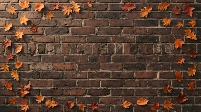 Rustic dark brick wall background with a frame of colorful autumn leaves and empty central copy space for fall seasonal messages and designs.