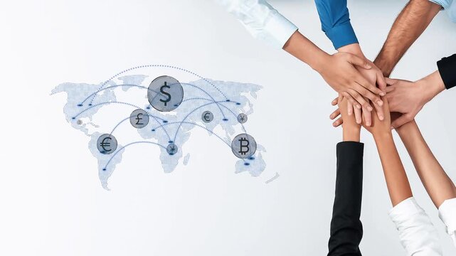 A group of diverse hands unite over a world map with currency symbols, illustrating global finance collaboration and modern business practices in the digital age. Raster