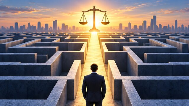 Businessman standing before complex concrete maze looking toward glowing scales of justice and modern city skyline representing legal strategy and corporate compliance challenges