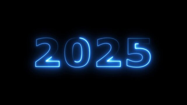 top ten countdown neon light bright glowing numbers from 10 to 1 seconds and HAPPY NEW YEAR 2025.  blue Neon Countdown on dark background. Running dynamic light Numbers animated for intros
