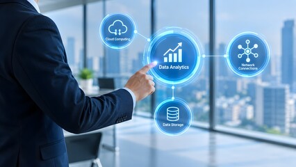 Obraz premium Innovative digital transformation strategies empower businesses to leverage data analytics cloud computing and artificial intelligence for enhanced operational efficiency and growth