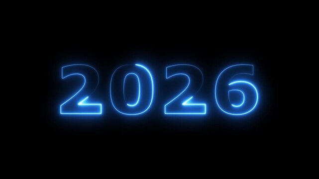 top ten countdown neon light bright glowing numbers from 10 to 1 seconds and HAPPY NEW YEAR 2026.  blue Neon Countdown on dark background. Running dynamic light Numbers animated for intros
