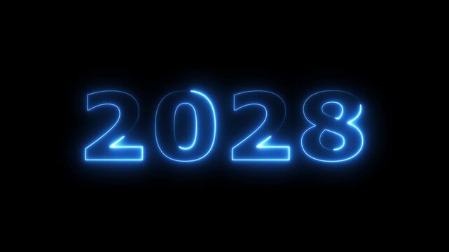 top ten countdown neon light bright glowing numbers from 10 to 1 seconds and HAPPY NEW YEAR 2028.  blue Neon Countdown on dark background. Running dynamic light Numbers animated for intros