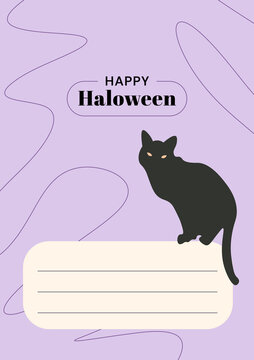 Cute Black Cat Happy Halloween Poster with Lavender Background and Decorative Lines