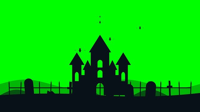 Halloween Haunted House Silhouette with Flying Bats on Green Screen