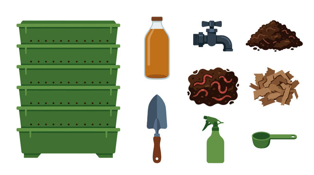 Vermiculture worm bin and liquid worm tea fertilizer vector illustrations for organic soil health guides
