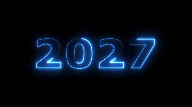 top ten countdown neon light bright glowing numbers from 10 to 1 seconds and HAPPY NEW YEAR 2027.  blue Neon Countdown on dark background. Running dynamic light Numbers animated for intros