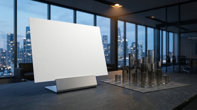 Blank paper card mockup standing on dark table inside corporate office with city skyline backdrop during evening twilight
