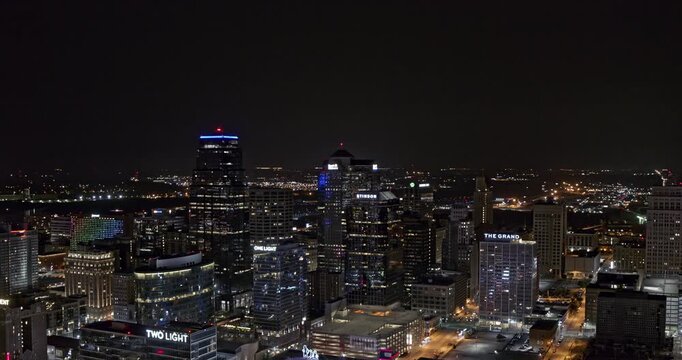 Kansas City Missouri Aerial v1 establishing shot of hovering around central business district at night capturing illuminated buildings - Shot with Inspire 2, X7 camera - August 2020