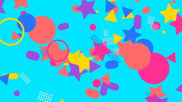 Abstract background featuring floating geometric shapes motion graphics. Vibrant Memphis design with colorful stars, circles and triangles on a bright blue background.