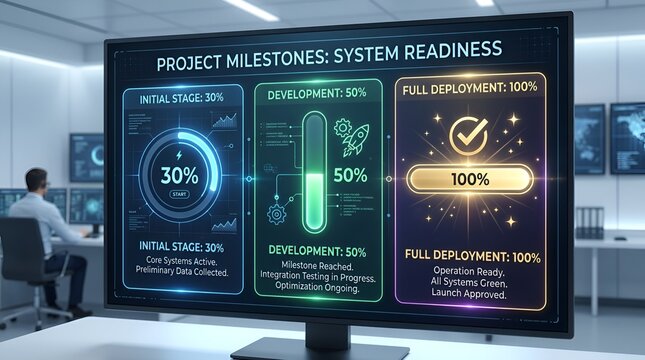 Digital project milestone dashboard showing system readiness on monitor
