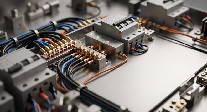 Detailed view of a modern electrical control panel with neat wiring and circuit breakers