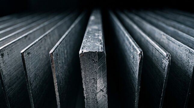 Close up perspective of parallel industrial metal bars showing rough texture