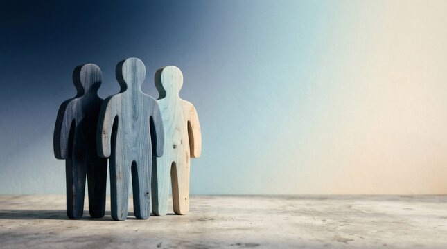 Three stylized wooden human figures in blue gradient tones representing teamwork and community collaboration in professional settings.