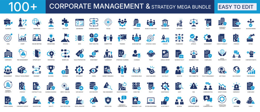 corporate management strategy solid icon mega bundle, leadership, business continuity, governance, risk, finance, planning, solution, ui presentation, editable vector illustration