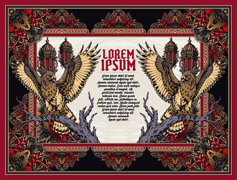Vintage Javan Hawk Eagle Garuda Tropical Jungle Border Frame Template