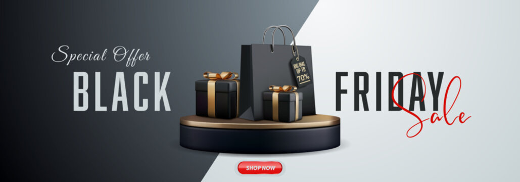 Black Friday Sale 3D abstract horizontal banner with gift and shopping bag design