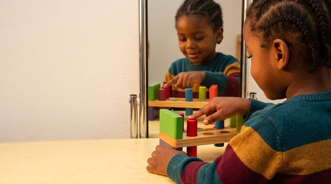 Young Black boy with braided hair playing with a wooden peg toy in front of a mirror