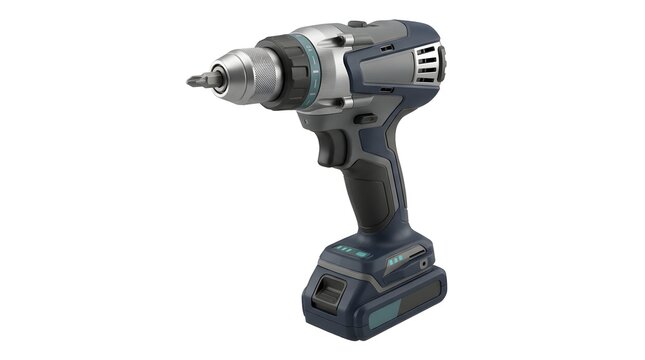 Modern Cordless Power Drill in Grey and Black with Blue Accents for Construction and Home Improvement