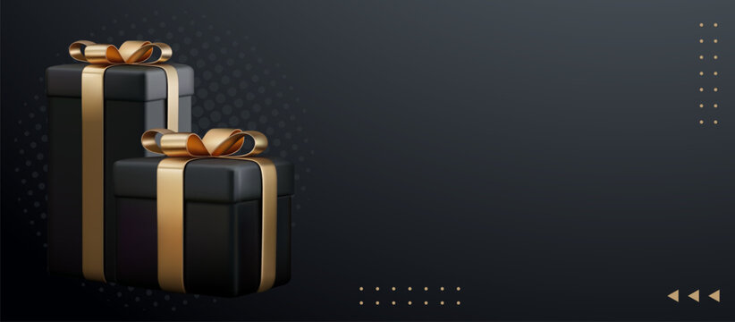 Realistic gift box with a gold ribbon and space for text