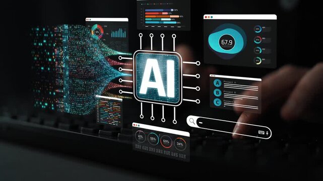 Futuristic Data Visualization with Artificial Intelligence Overlays on Computer Keyboard, Representing Modern Technology and Innovation in Digital World Sigmoid