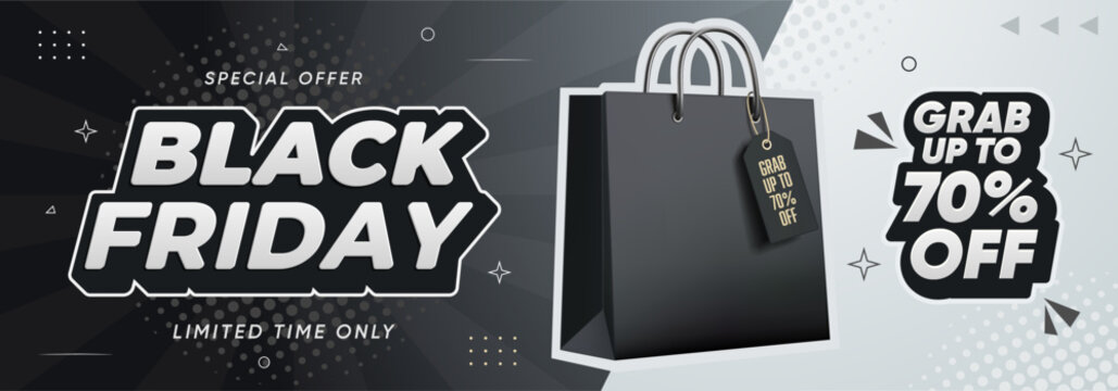 Black Friday poster or banner featuring a black shopping bag