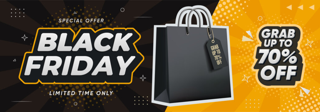 Black Friday poster or banner featuring a black shopping bag