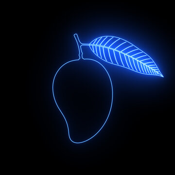Bright blue neon outline of a fresh mango fruit with a leaf isolated on black background